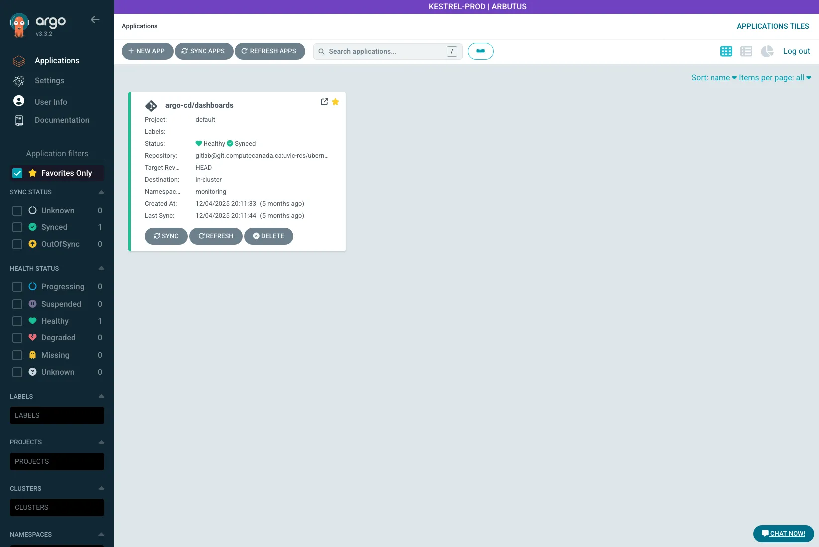 ArgoCD application showing Synced and Healthy status